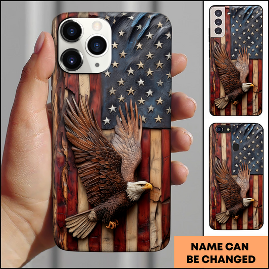Wood Carved Eagle American Flag Patriotic Phone Case