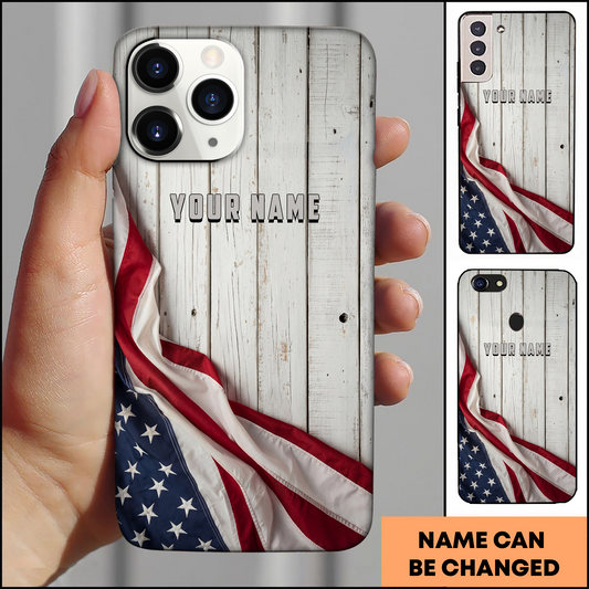 Rustic Wood American Flag Corner Personalized Phone Case