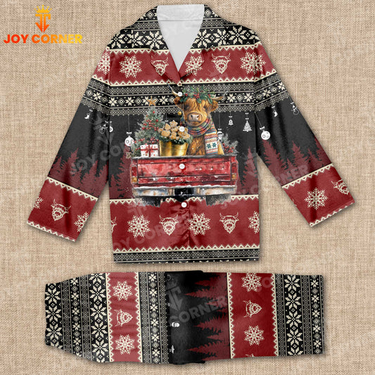 Joycorners Highland Cattle On Truck Christmas Pattern 3D Pajamas