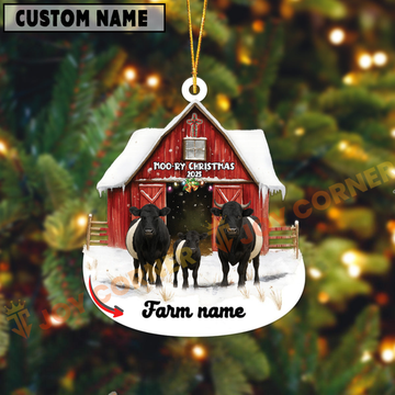 Joycorners Personalized Belted Galloway Moo-ry Christmas Barn Acrylic Ornament