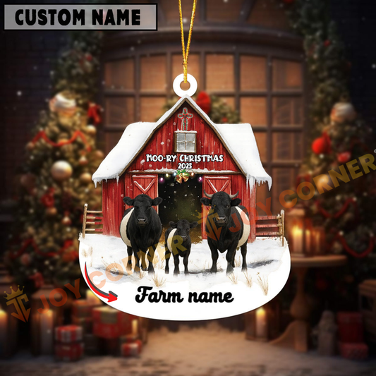 Joycorners Personalized Belted Galloway Moo-ry Christmas Barn Acrylic Ornament