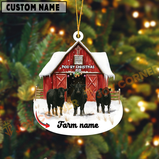 Joycorners Personalized Black Angus Moo-ry Christmas Barn Acrylic Ornament