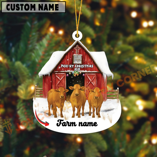 Joycorners Personalized Brahman Moo-ry Christmas Barn Acrylic Ornament