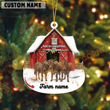 Joycorners Personalized Brown Swiss Moo-ry Christmas Barn Acrylic Ornament