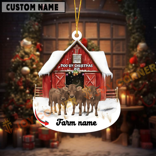 Joycorners Personalized Brown Swiss Moo-ry Christmas Barn Acrylic Ornament