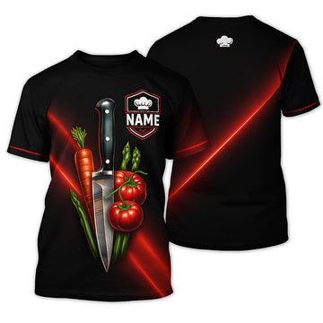 Joycorners Personalized Chef T Shirt - Knife with Vegetables Red Glow Design MT2509