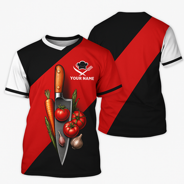 Joycorners Personalized Chef T Shirt - Red Black Knife and Vegetables Design MT2509