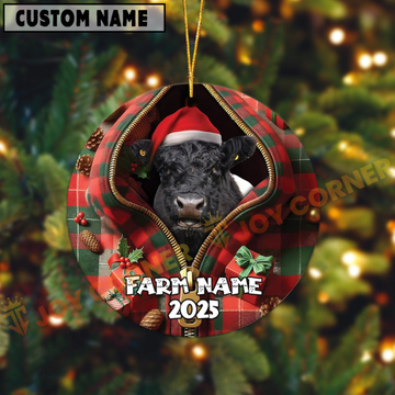 Joycorners Personalized Farm Name Merry Belted Galloway Farm Plaid Ornament