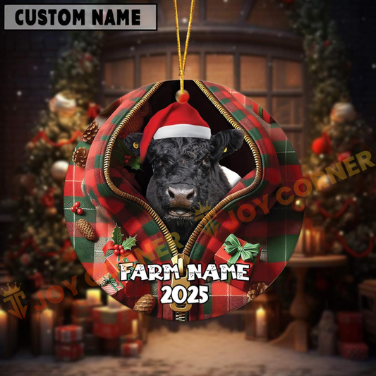Joycorners Personalized Farm Name Merry Belted Galloway Farm Plaid Ornament