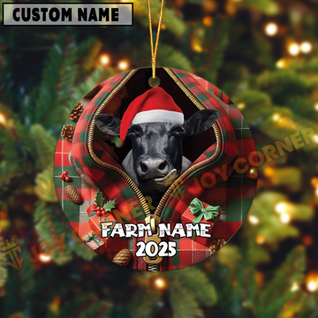 Joycorners Personalized Farm Name Merry Black Angus Farm Plaid Ornament