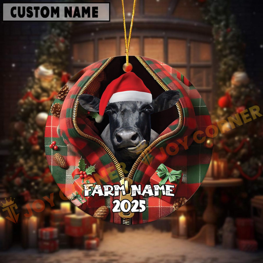 Joycorners Personalized Farm Name Merry Black Angus Farm Plaid Ornament