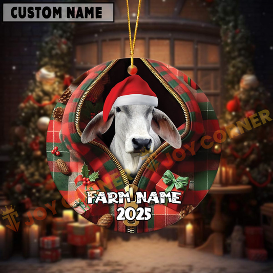 Joycorners Personalized Farm Name Merry Brahman Farm Plaid Ornament