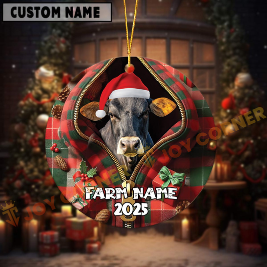 Joycorners Personalized Farm Name Merry Brown Swiss Farm Plaid Ornament