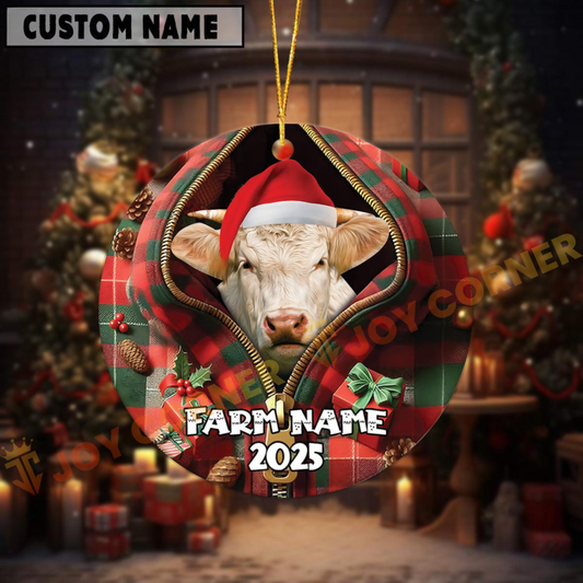 Joycorners Personalized Farm Name Merry Charolais Farm Plaid Ornament