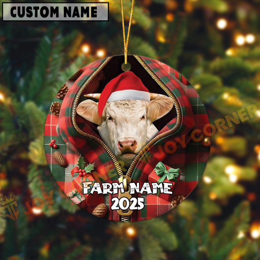 Joycorners Personalized Farm Name Merry Charolais Farm Plaid Ornament
