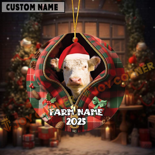 Joycorners Personalized Farm Name Merry Hereford Farm Plaid Ornament