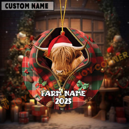 Joycorners Personalized Farm Name Merry Highland Farm Plaid Ornament