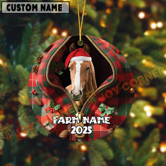 Joycorners Personalized Farm Name Merry Horse Farm Plaid Ornament
