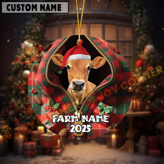 Joycorners Personalized Farm Name Merry Jersey Farm Plaid Ornament