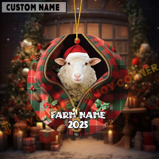 Joycorners Personalized Farm Name Merry Sheep Farm Plaid Ornament
