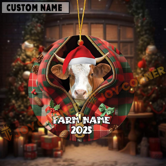 Joycorners Personalized Farm Name Merry Simmental Farm Plaid Ornament