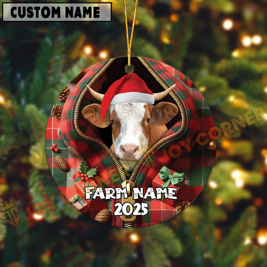Joycorners Personalized Farm Name Merry Simmental Farm Plaid Ornament