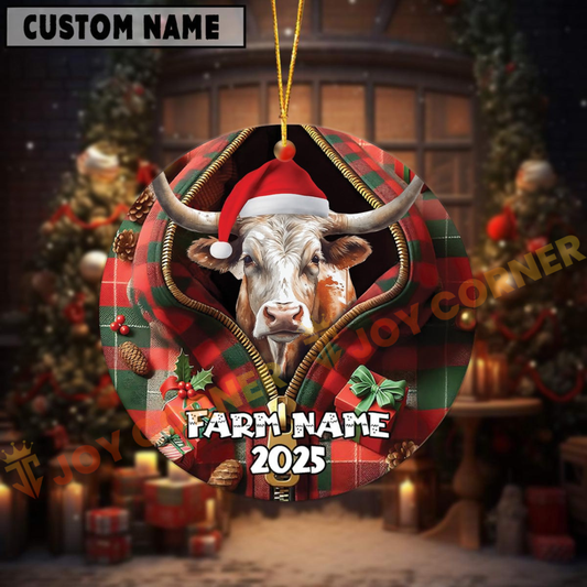 Joycorners Personalized Farm Name Merry Texas Long Horn Farm Plaid Ornament