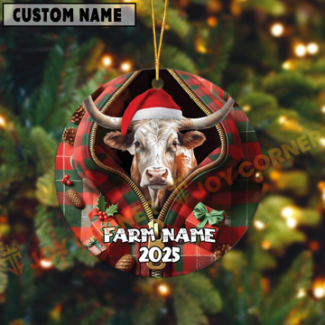 Joycorners Personalized Farm Name Merry Texas Long Horn Farm Plaid Ornament