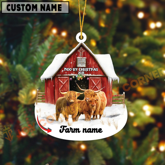 Joycorners Personalized Highland Moo-ry Christmas Barn Acrylic Ornament