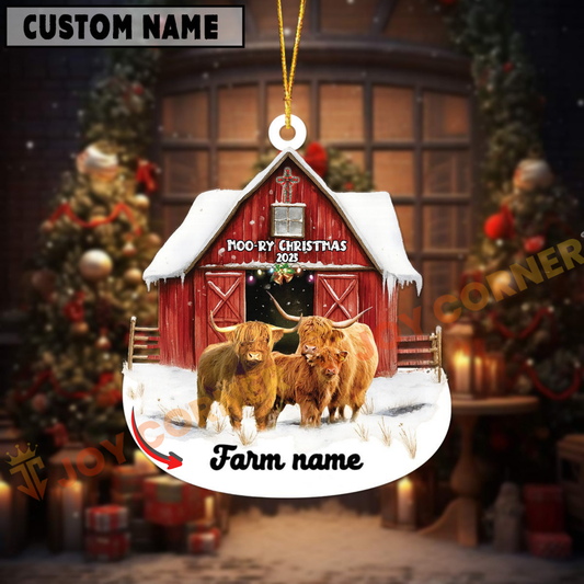 Joycorners Personalized Highland Moo-ry Christmas Barn Acrylic Ornament