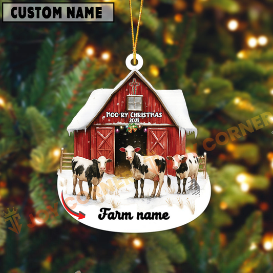 Joycorners Personalized Holstein Moo-ry Christmas Barn Acrylic Ornament
