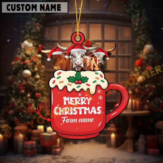 Joycorners Personalized Texas Long Horn Merry Christmas Farm Mug Ornament