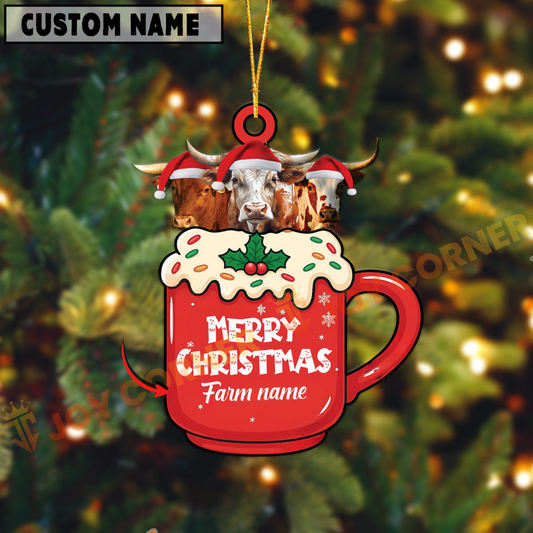 Joycorners Personalized Texas Long Horn Merry Christmas Farm Mug Ornament
