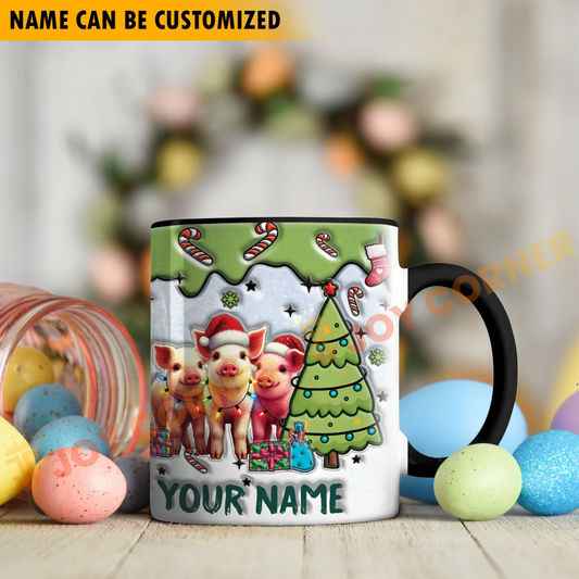 Joycorners Pig Christmas Personalized Name Two Tone Mug