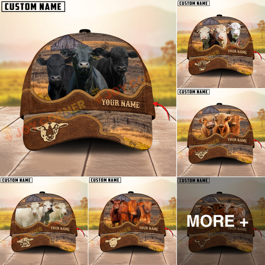 Joycorners Cattle Cow Farm Landscape Leather Curve Pattern Personalized Name 3D Cap (6 Breeds)