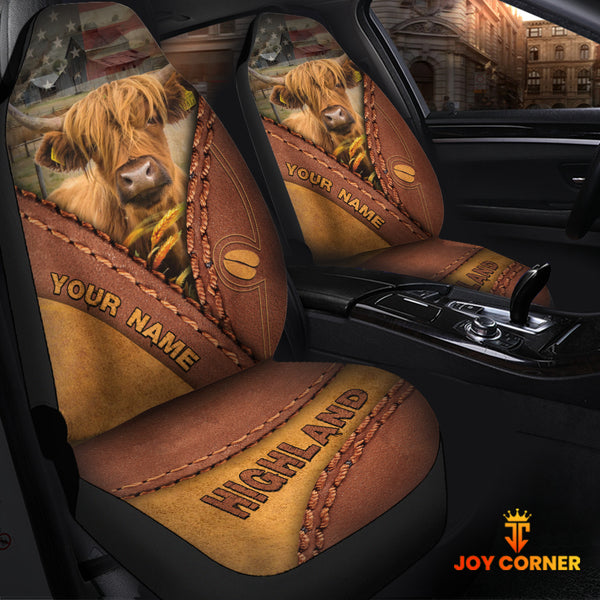 Joycorners Highland Cattle Leather Pattern Customized Name Car Seat Cover Set