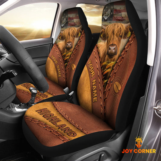 Joycorners Highland Cattle Leather Pattern Customized Name Car Seat Cover Set