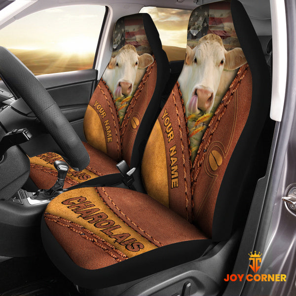 Joycorners Charolais Cattle Leather Pattern Customized Name Car Seat Cover Set