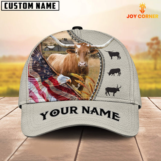 Joy Corners Texas Longhorn Eagle US Flag Leather Pattern Customized 3D Cap