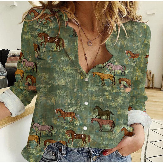Horse On Meadow Pattern Casual Shirt