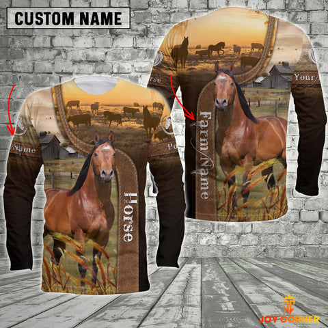 Joycorners Horse On The Farm Customized Name Brown Long Sleeve Shirt