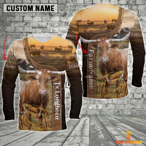 Joycorners Texas Longhorn On The Farm Customized Name Brown Long Sleeve Shirt