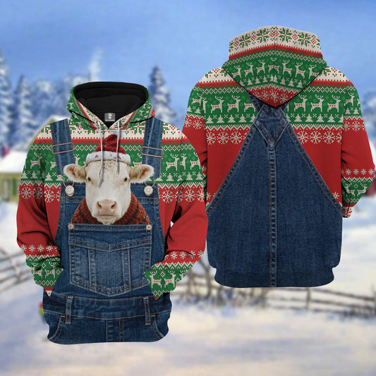 Hoodie with a cow design in front and back, featuring a Christmas-themed pattern.