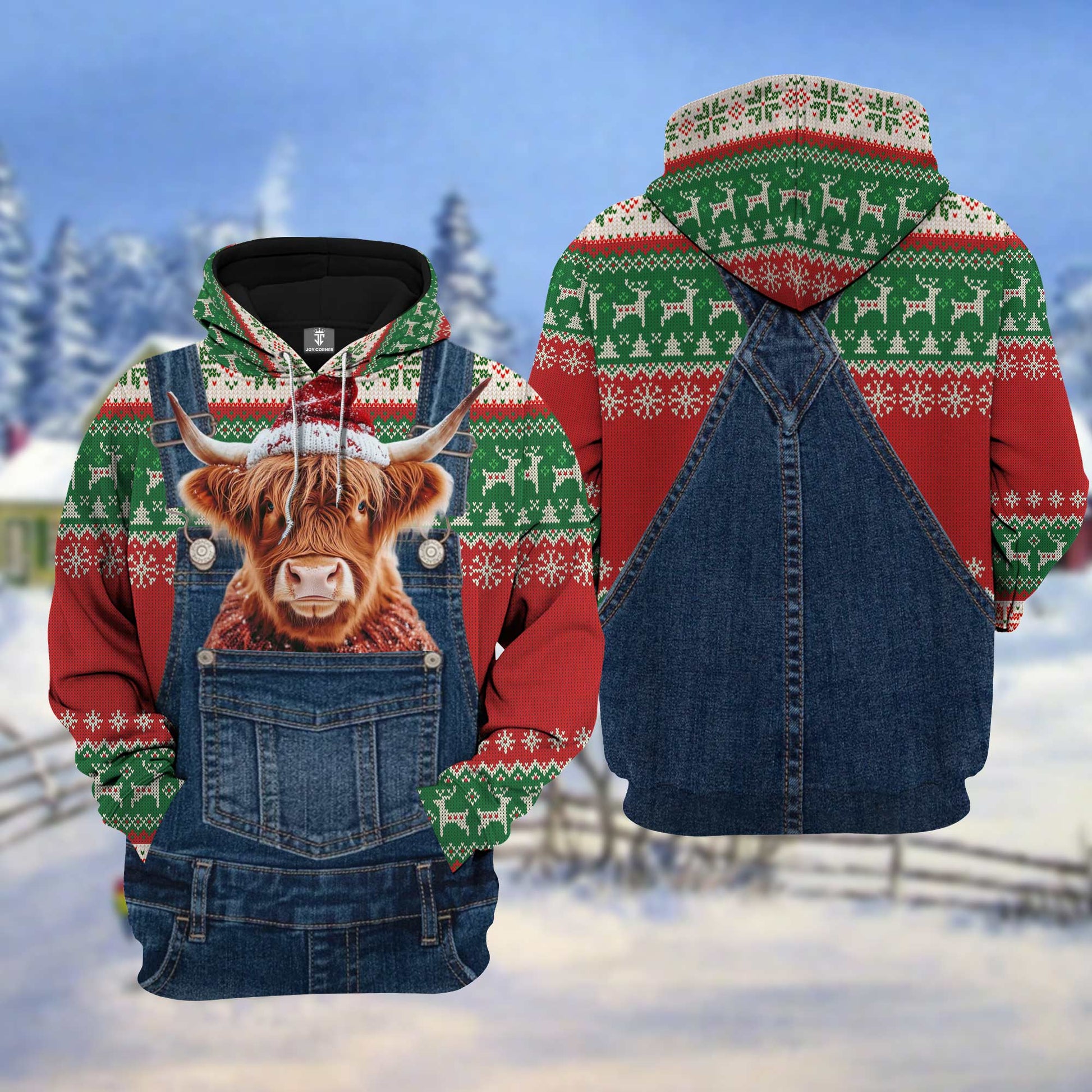 Hoodie with a cow design on denim overalls against a snowy landscape
