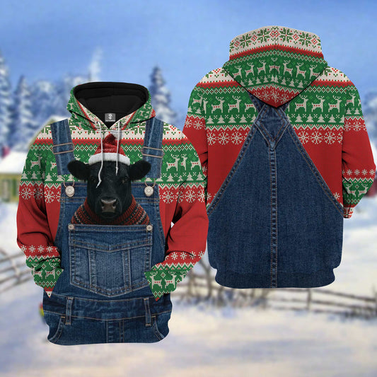 Joycorners Ugly Christmas Sweater Black Angus Cow Overall 3D Hoodie