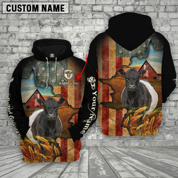 Joycorners Farm Custom Text And Logo Belted Galloway US Flag 3D Printed Hoodie