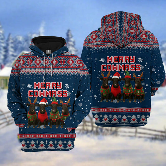 Joycorners Ugly Christmas Sweater Merry Christmas Cute Black Angus Cow Overall 3D Hoodie