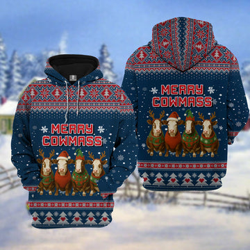 Joycorners Ugly Christmas Sweater Merry Christmas Cute Hereford Cow Overall 3D Hoodie