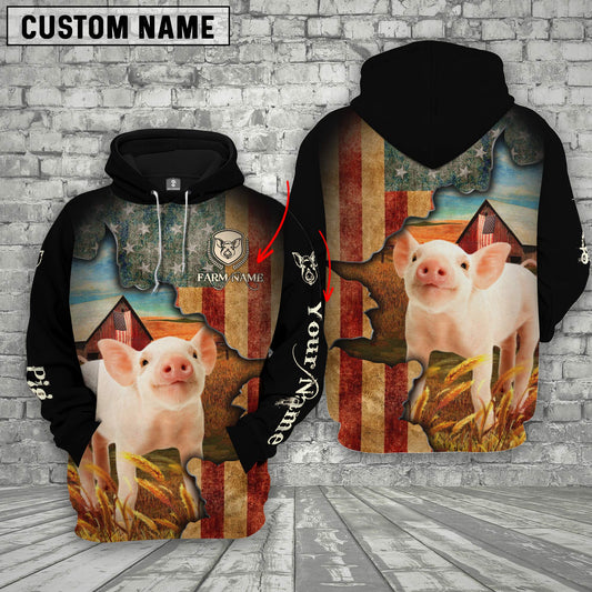 Joycorners Farm Custom Text And Logo Pig US Flag 3D Printed Hoodie