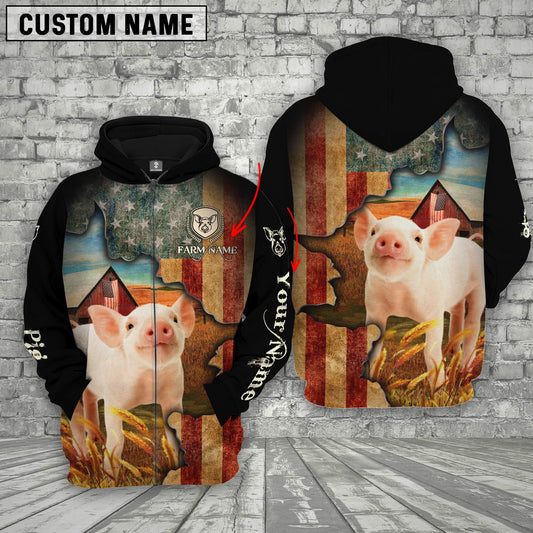 Joycorners Farm Custom Text And Logo Pig US Flag 3D Printed Hoodie
